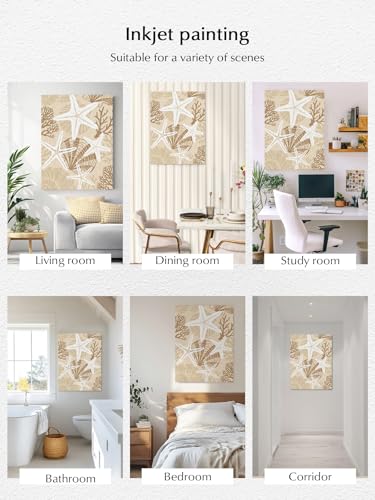 NuYeBiofx Abstract Starfish Khaki Shell Canvas Wall Art Prints,48"x32" Framed Picture Artwork Summer Nautical Coral Printed Canvas Oil Painting for Living Room Bedroom Office,Ready to Hang