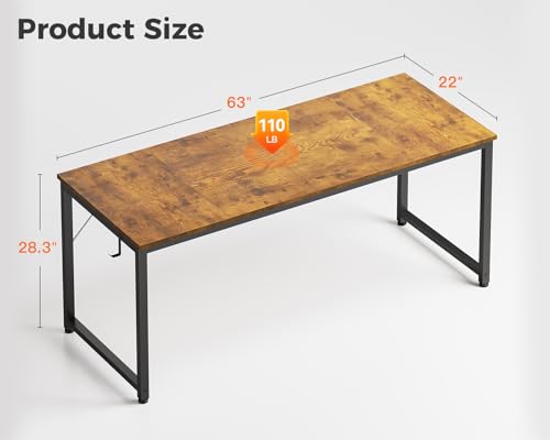 63 Inch Computer Desk for Home Office, Study Writing Table for Small Spaces, Simple Modern Desk with Headphone Hooks, Rustic Brown