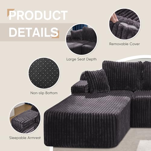 Boneless Couch Modular Sectional Oversized Chaise for Living Room | 108" Left Facing Chaise Darkgrey,Memory Foam,Removable Cover,No Assemble,Chaise Lounge Indoor,Living Room Furniture