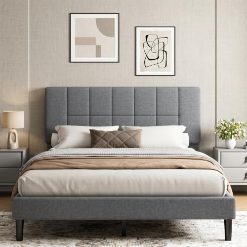 Queen Size Bed Frame with Upholstered Adjustable Headboard, view 2