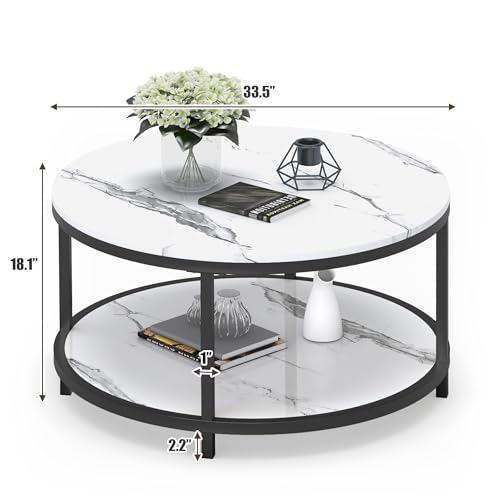 Round Coffee Table 33.5" Coffee Tables for Living Room High Glossy Faux White Marble Top Modern Circle Table Sturdy Metal Frame Legs Cocktail Table with Storage Open Shelf