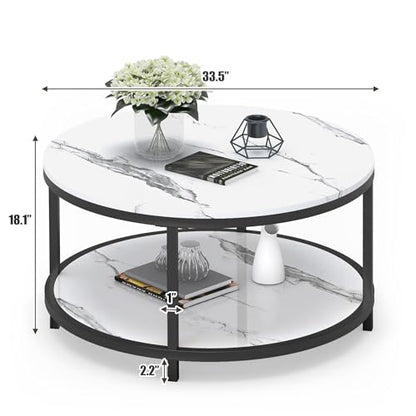 Round Coffee Table 33.5" Coffee Tables for Living Room High Glossy Faux White Marble Top Modern Circle Table Sturdy Metal Frame Legs Cocktail Table with Storage Open Shelf