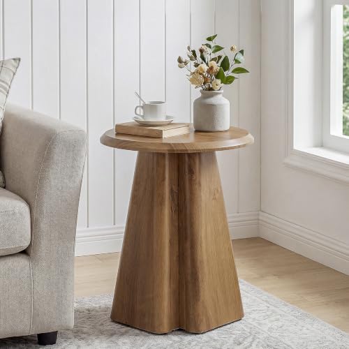 Round End Table with Fluted Pedestal Base | 23.6" Wooden Side Table, Sturdy Modern Accent Table for Living Room, Small Spaces, Bedroom