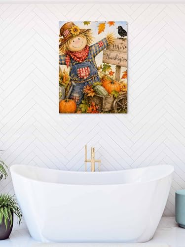 NuYeBiofx Farm Pumpkin Happy Thanksgiving Canvas Wall Art Prints,48"x32" Framed Picture Artwork Cartoon Straw Man Printed Canvas Oil Painting for Living Room Bedroom Office,Ready to Hang