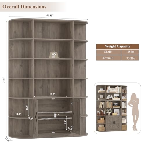 75" Tall 6-Tier Bookcase and Bookshelf with Storage, Ash Grey | Freestanding Wood Display Shelves, 47" Wide Book Shelf, Bookcase with Door, Book Storage Cabinet for Home Office, Living Room
