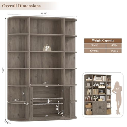 75" Tall 6-Tier Bookcase and Bookshelf with Storage, Ash Grey | Freestanding Wood Display Shelves, 47" Wide Book Shelf, Bookcase with Door, Book Storage Cabinet for Home Office, Living Room