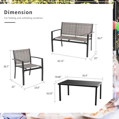 4 Pieces Patio Furniture Set All Weather Textile Fabric Outdoor Conversation Set, with Glass Coffee Table, Loveseat, 2 Single Chairs for Home, Garden, Lawn, Porch（Light Brown）