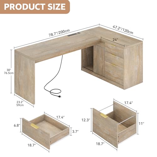 78.7" L-Shaped Executive Desk with Drawers and File Cabinet Farmhouse Large, view 3