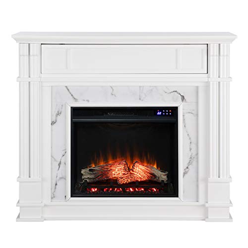 Highgate Faux Cararra Marble Touch Screen Electric Media Fireplace - White - Transitional Design, Glass and Wood - Ideal for Living Room, Bedroom (FR9322)