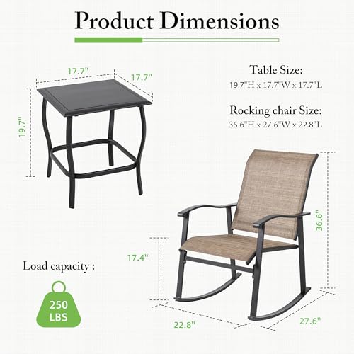 Rocking Chair Outdoor with Table, 3 Piece Rocking Patio Bistro Set, Outdoor Furniture Set with Metal Frame and Textilene Fabric for Small Space, Brown