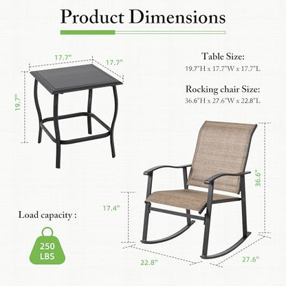 Rocking Chair Outdoor with Table, 3 Piece Rocking Patio Bistro Set, Outdoor Furniture Set with Metal Frame and Textilene Fabric for Small Space, Brown