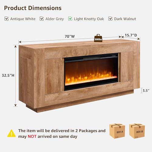 70" Fireplace TV Stand for 80" TV, Thick Block Media Console, Light Oak, view 3