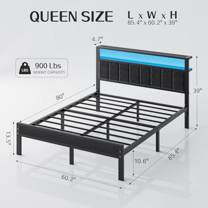 Queen Size Bed Frame with LED Lights & Charging Station, view 3