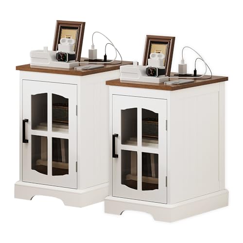Farmhouse End Table Set of 2 with Charging Station, Nightstand with Adjustable Shelf and Glass Door, White Side Table for Living Room, Bedroom