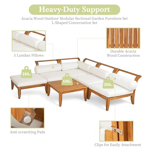6 Pieces Patio Furniture Set, Outdoor L-Shaped Sectional Sofa Set with Coffee Table, Acacia Wood Conversation Seating & Cushions and Lumbar Pillows, for Garden, Poolside and Backyard, Teak+Beige