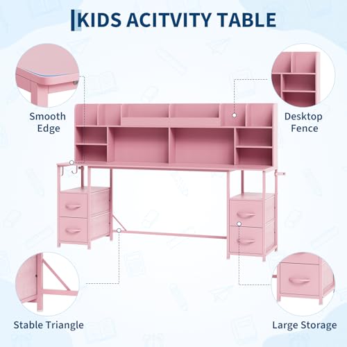 69" Double Kids Desk and Chair Set with Hutch & 4 Storage Drawers, view 4