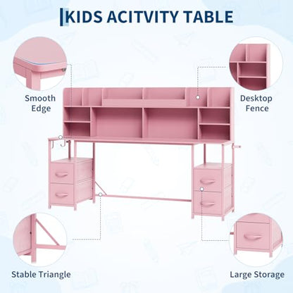 69" Double Kids Desk and Chair Set with Hutch & 4 Storage Drawers, view 4