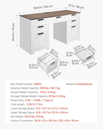 60" Executive Desk with Drawers, Farmhouse Home Office Desk with Charge Station, view 3