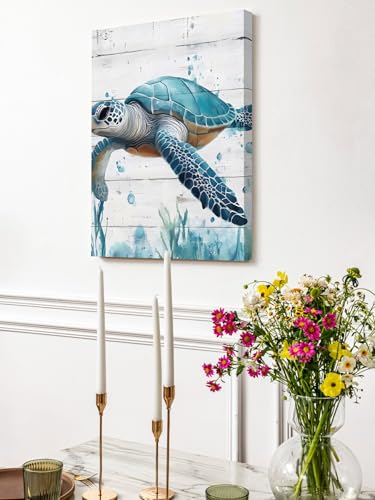 NuYeBiofx Ocean Blue Turtle Wood Grain Canvas Wall Art Prints,48"x32" Framed Picture Artwork Teal Marine Life Seaweed Printed Canvas Oil Painting for Living Room Bedroom Office,Ready to Hang
