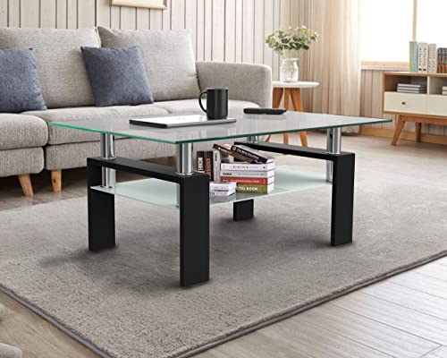 Rectangle Glass Coffee Table, Living Room Table with Black Metal Legs & Tempered Glass, Modern Center Table for Bedroom Small Space