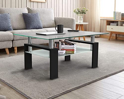 Rectangle Glass Coffee Table, Living Room Table with Black Metal Legs & Tempered Glass, Modern Center Table for Bedroom Small Space