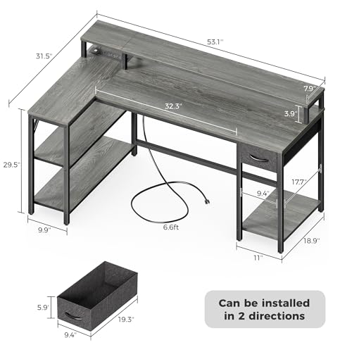 53 inch Reversible L Shaped Desk with LED Lights & Power Outlets, view 7