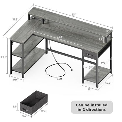 53 inch Reversible L Shaped Desk with LED Lights & Power Outlets, view 7