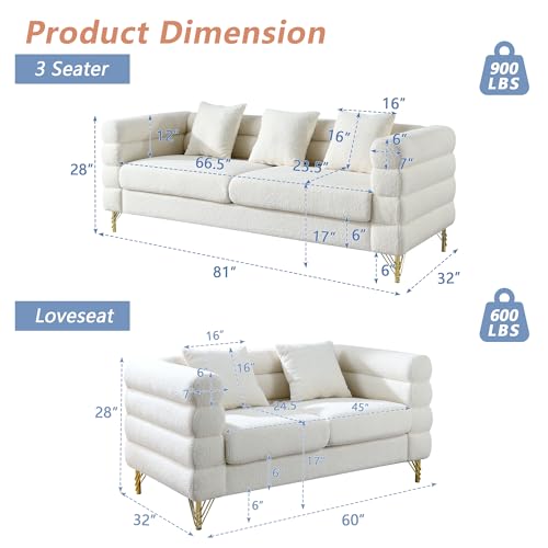 Luxury Teddy Sofa Set for Living Room, Modern Decor Furniture Sectional Sofa, 3 Seater Couch and Loveseat with 5 Pillows for Apartment, Office, Hall (White)