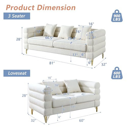 Luxury Teddy Sofa Set for Living Room, Modern Decor Furniture Sectional Sofa, 3 Seater Couch and Loveseat with 5 Pillows for Apartment, Office, Hall (White)
