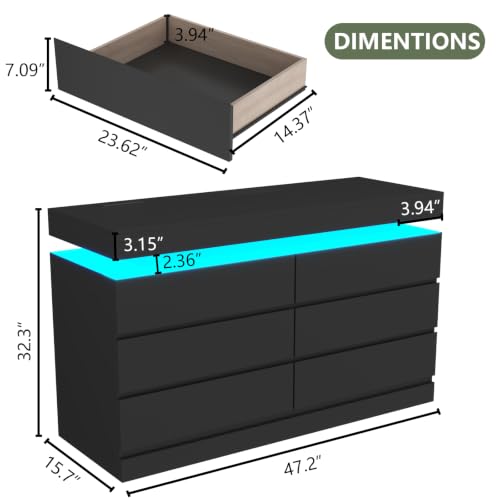 6 Drawer Dresser with Power Outlet, Dresser with LED Light, view 3