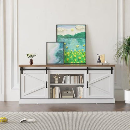 TV Stand up to 75/80" TV, Entertainment Center w/Sliding Barn Doors & Storage Cabinets, Farmhouse TV Console with Adjustable Shelf, Office Furniture for Living Room-White