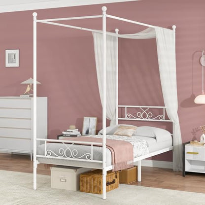 Twin Canopy Bed Frame with Headboard, Metal Twin Beds for Kids, White, view 2
