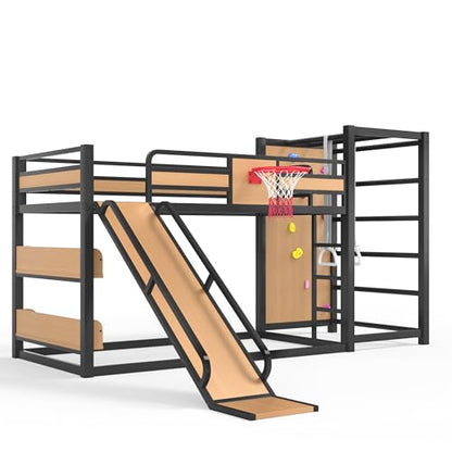 JIVOIT Twin XL Size Metal Loft Bed, Multi-Functional Design Loft Bed Frame with Basketball Hoop, Pull-Up Rings, Climbing Wall, Built-in Bookshelves, a Slide, Space-Saving Design, No Box Spring Needed