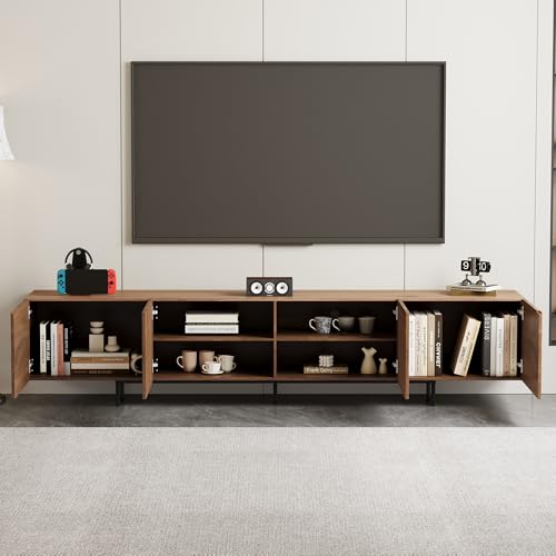 94.5"Walnut TV Stand 4 Cabinets Grille Doors For 100"TV Indoor, view 4