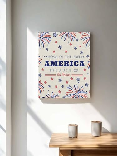 NuYeBiofx Independence Day Red Blue Stars Canvas Wall Art Prints,48"x32" Framed Picture Artwork Festivals Fireworks Printed Canvas Oil Painting for Living Room Bedroom Office,Ready to Hang