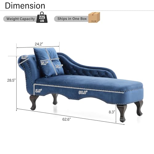 62'' Velvet Chaise Lounge Indoor with 1 Pillow and Nailhead Trim, view 3