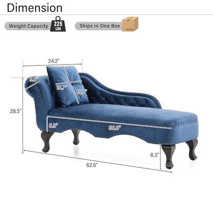 62'' Velvet Chaise Lounge Indoor with 1 Pillow and Nailhead Trim, view 3