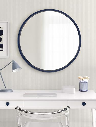 Travis Round Wood Wall Mirror, 25.6" Diameter, Navy Blue, Modern Wall Décor Accent