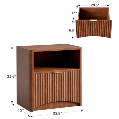 Fluted Nightstand Set of 2, Walnut Bedside Table with Drawer and Storage, Wood End Table Mid Century Modern, Large Night Stand for Bedroom