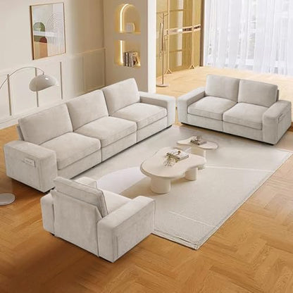 100" Modular Sofa with Seats Storage, Comfy 3-Seater Chenille Fabric Couch for Living Room, Office, Apart W/Deep Seat, Wide Arms, Side Pockets, USB, Removable Covers, Upholstered Couch/Beige