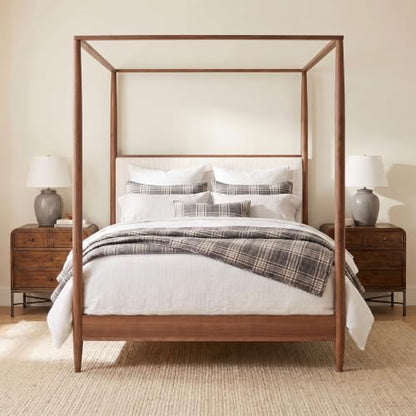King 4-Poster Wood Canopy Bed with Boucle Headboard, Walnut, view 2