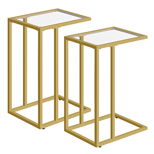 C Shaped End Table, Set of 2, Glass Side Table with Metal Frame, Gold Coffee Table for Small Space, Modern Style, for Living Room, Gold GD03SFP201