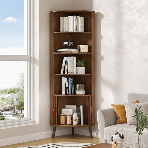 66'' Tall Corner Bookshelf with 2 Fluted Sliding Doors,Walnut, view 4