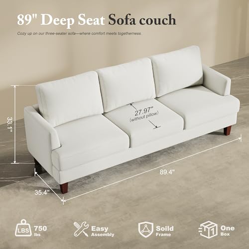 3 Seater Sofa Couch with Deep Seats, 89" Mid Century Modern Upholstered Sofa, Comfy Sofas with Armrests, Couches for Living Room, Bedroom, Apartment and Office (Beige)