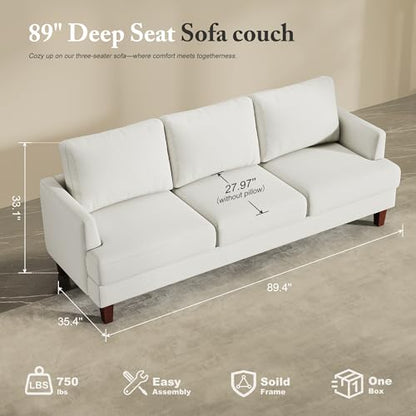 3 Seater Sofa Couch with Deep Seats, 89" Mid Century Modern Upholstered Sofa, Comfy Sofas with Armrests, Couches for Living Room, Bedroom, Apartment and Office (Beige)