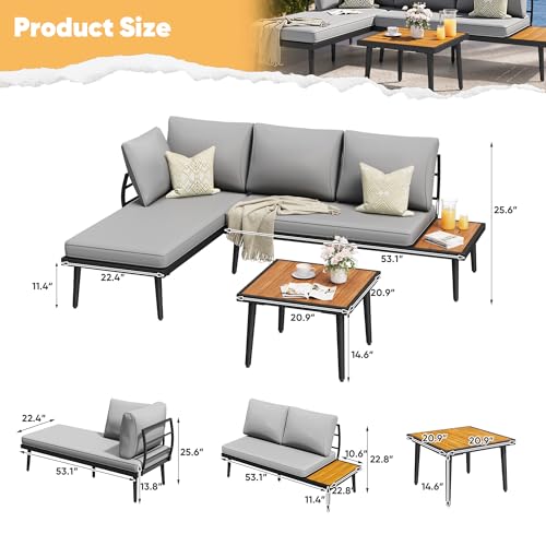 Outdoor Sectional Sofa Set L-Shaped Metal Patio Furniture with All-Weather Cushions and Built-in Side Coffee Table for Garden, Lawn, Backyard, Poolside, Gray