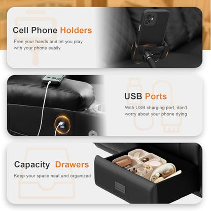 Recliner Sofa, 4 Seater Dual Reclining Sofa with Flip Back Console, Modern PU Leather Recliner Couch for Living Room/RV, with Storage Drawer, USB Ports, Cup Holder, Cell Phone Holder, Black