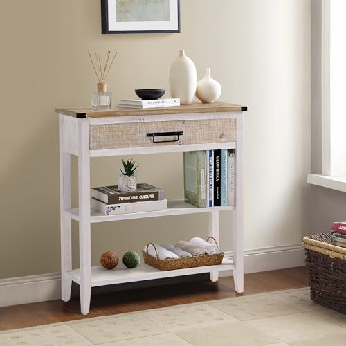 Farmhouse Console Table with Drawer, 3-Tier Rustic Entryway Table with Open Storage Shelves and Handmade Metal Handle, Narrow Foyer Sofa Table for Living Room, Entryway, Hallway (Washed White)