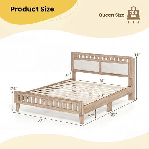 Queen Wood Bed Frame with Upholstered Headboard, view 3