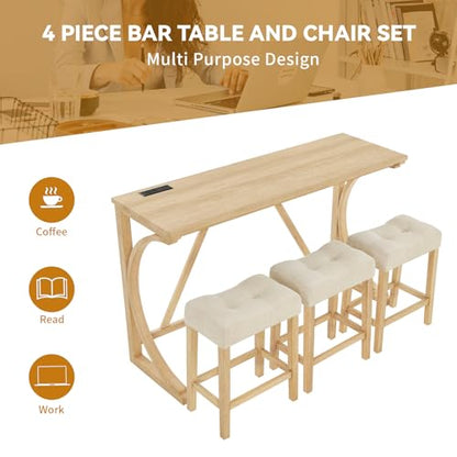 59" Dining Bar Table Set with Power Outlet, Behind Couch Sofa Table with 3 Padded Stools, 5 Piece Bar Table and Chairs Set for Living Room, Dining Room, Light Oak